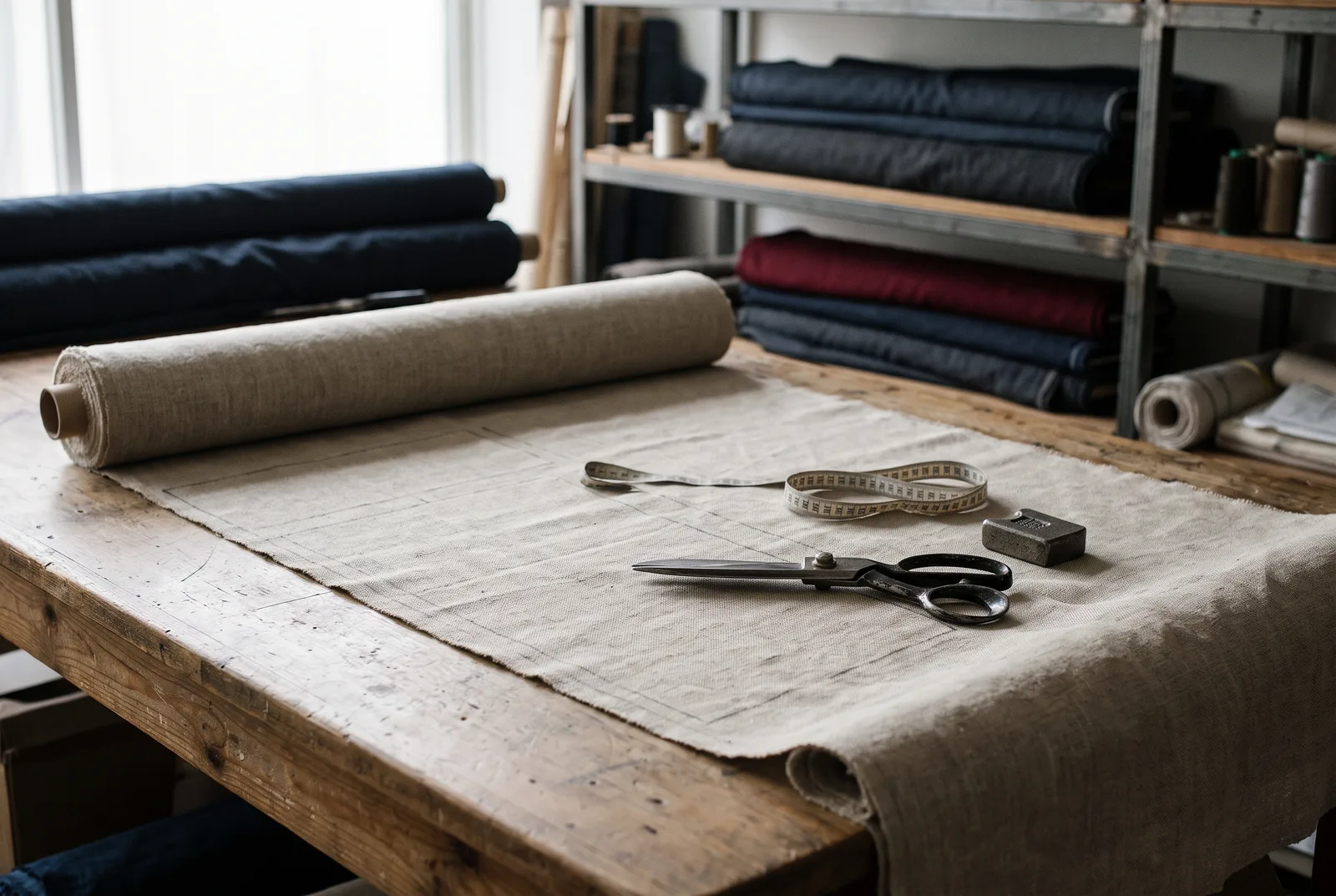 A bolt of natural linen on a wooden cutting table with chalk lines, shears and a tape measure